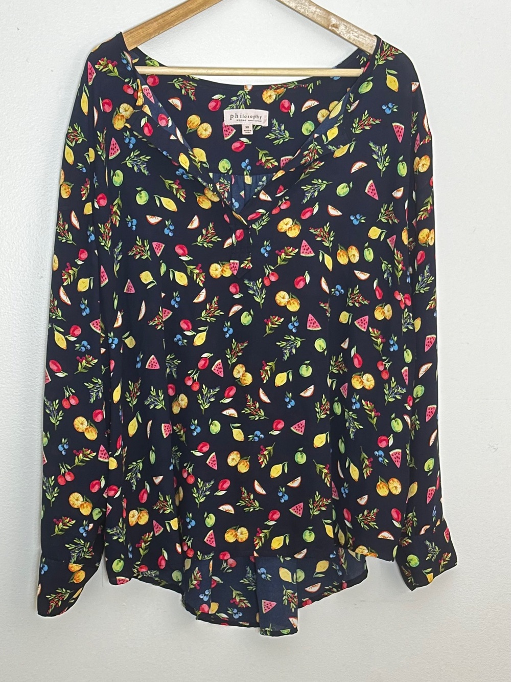 Philosophy Navy Blue Fruit Print Long Sleeve Blouse